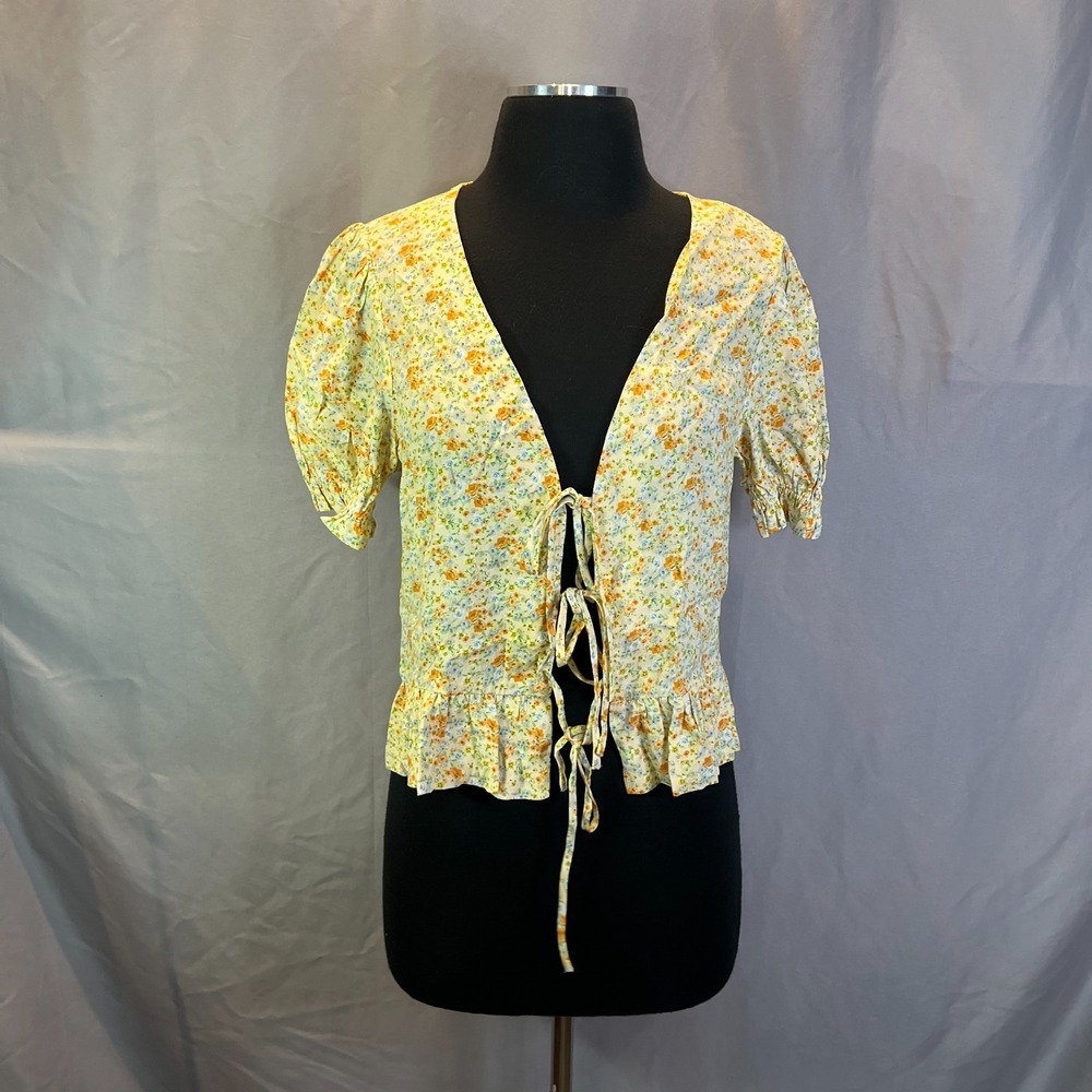 Sophie Rue Blouse Top Womens Medium Multicolor Floral Tie Front Ruffled Trim